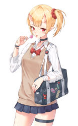 Rule 34 | 1girl, :p, absurdres, badge, bag, bag charm, bandaged wrist, bandages, bandaid, bandaid on hand, black choker, black skirt, blazer, blonde hair, blunt bangs, bow, bowtie, bracelet, brown jacket, button badge, candy, charm (object), choker, collared shirt, commentary request, cowboy shot, eyelashes, food, grey bag, hair ornament, hair scrunchie, hand up, heart stickers, highres, holding, holding candy, holding food, holding lollipop, horns, jacket, jewelry, light blush, lollipop, looking at viewer, miniskirt, moon (restire), oni, oni horns, original, pleated skirt, pointy ears, red bow, red bowtie, red eyes, red scrunchie, ring, school bag, school uniform, scrunchie, shirt, short hair, side ponytail, sidelocks, simple background, skirt, sleeves past elbows, solo, standing, sticker, thigh strap, tongue, tongue out, white background, white shirt, wing collar