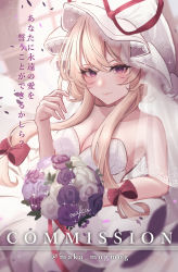 Rule 34 | 1girl, absurdres, alternate costume, alternate hairstyle, artist name, bare shoulders, blonde hair, blurry, blush, bouquet, bow, breasts, bridal veil, bride, cleavage, closed mouth, collarbone, commentary request, depth of field, dress, dutch angle, english text, eyelashes, eyeliner, eyeshadow, floral print, flower, hair between eyes, hair bow, hair up, hand up, hat, hat ribbon, highres, holding, holding bouquet, lace-trimmed headwear, lace trim, large breasts, maka (user rryf2748), makeup, mob cap, petals, pink flower, pink lips, pink rose, purple eyes, purple flower, purple rose, red bow, red ribbon, ribbon, rose, rose petals, rose print, short hair, sidelocks, signature, smile, solo, sparkle, strapless, strapless dress, touhou, translation request, veil, watermark, wedding dress, white dress, white flower, white hat, white rose, yakumo yukari
