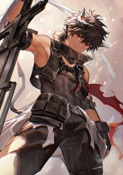 Rule 34 | 1boy, arknights, armpits, black gloves, black jacket, black pants, black tank top, brown background, brown hair, commentary, cowboy shot, cropped jacket, dark-skinned male, dark skin, english commentary, fingerless gloves, from below, frown, gloves, gradient background, highres, holding, holding sword, holding weapon, jacket, looking at viewer, looking down, male focus, muscular, muscular male, nayoshi (r-744), odda (arknights), orange eyes, pants, pointy ears, pouch, short hair, solo, sword, tank top, weapon