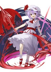 Rule 34 | 1girl, akisome hatsuka, bat (animal), commentary request, full body, hat, looking at viewer, mob cap, open mouth, pointy ears, purple hair, red eyes, red footwear, remilia scarlet, shirt, short hair, short sleeves, skirt, socks, solo, spear the gungnir, touhou, white hat, white shirt, white skirt, white socks