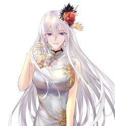 Rule 34 | 1girl, absurdres, azur lane, bare arms, breasts, china dress, chinese clothes, coat, dress, earrings, enterprise (azur lane), enterprise (blooming peony) (azur lane), flower, hair between eyes, hair flower, hair ornament, highres, jewelry, long hair, looking at viewer, off shoulder, official alternate costume, purple eyes, silver hair, simple background, solo, suprii, upper body, white background