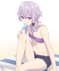 Rule 34 | 1girl, arm support, bad id, bad pixiv id, bikini, black shorts, collarbone, eating, flat chest, food, gradient background, grey background, hair between eyes, hair ornament, hair over shoulder, hairclip, halterneck, hisaki1118, ice cream, long hair, low twintails, nail polish, navel, open clothes, open shorts, pink nails, purple bikini, purple eyes, purple hair, rabbit hair ornament, short hair with long locks, short shorts, shorts, sitting, solo, swimsuit, torn clothes, torn shorts, twintails, unfastened, voiceroid, yuzuki yukari