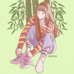 Rule 34 | 1girl, adjusting clothes, adjusting shoe, artist name, bamboo, blue pants, blunt bangs, brown hair, canjiya, commentary, english commentary, gfriend, green background, highres, k-pop, long hair, looking down, pants, pink footwear, red sweater, simple background, sitting, solo, striped clothes, striped sweater, sweater, yuju (gfriend)