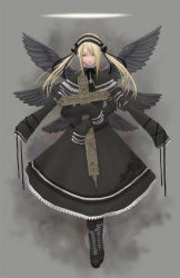 Rule 34 | 1girl, angel, boots, cross, floating, goth fashion, gothic lolita, hair over one eye, latin cross, lolita fashion, long sleeves, multiple wings, seraph, solo, twintails, wings