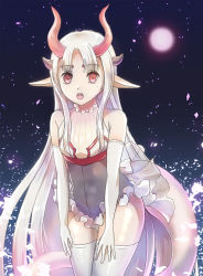 Rule 34 | 1girl, :o, bare shoulders, breasts, covered navel, elbow gloves, gloves, highres, horns, hoshimiya waltz, leotard, lily (pixiv fantasia last saga), long hair, looking at viewer, open mouth, parted bangs, pixiv fantasia, pixiv fantasia last saga, pointy ears, red eyes, simple background, small breasts, solo, tail, thighhighs, very long hair, white hair, white thighhighs