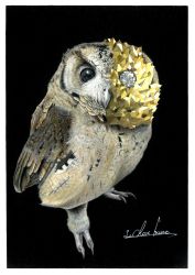 Rule 34 | abe yuichiro, animal focus, bird, black background, colored pencil (medium), crystal, full body, highres, looking at viewer, no humans, original, owl, simple background, standing, traditional media, yellow diamond (gemstone)