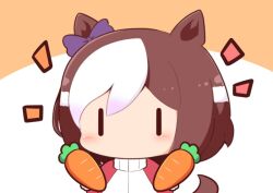 Rule 34 | 1girl, animal ears, blush stickers, bow, brown background, brown hair, carrot, chibi, ear bow, food, gomashio (goma feet), hair between eyes, holding, holding food, horse ears, horse girl, horse tail, jacket, multicolored hair, notice lines, purple bow, red jacket, solo, special week (umamusume), tail, track jacket, two-tone background, two-tone hair, umamusume, white background, white hair, | |