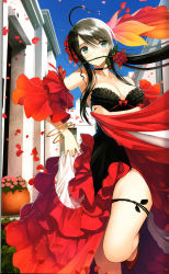 Rule 34 | 1girl, absurdres, ahoge, armpits, bare legs, bare shoulders, black hair, blue eyes, blue sky, bow, bracelet, breasts, building, choker, cleavage, collarbone, day, dress, flamenco, flower, foreshortening, frilled dress, frills, gradient hair, head tilt, highres, house, huge filesize, jewelry, large breasts, layered dress, long hair, looking at viewer, mouth hold, multicolored clothes, multicolored dress, multicolored hair, no socks, off-shoulder dress, off shoulder, original, petals, plant, ponytail, potted plant, red bow, red flower, red footwear, red rose, rose, rose petals, running, scan, shoes, sky, solo, spanish clothes, strapless, strapless dress, tareme, tony taka, town, traditional clothes, very long hair