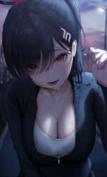 Rule 34 | 1girl, absurdres, alternate hairstyle, black eyes, black hair, black halo, black jacket, blue archive, blurry, blurry background, breasts, cleavage, collarbone, commentary, earphones, hair ornament, hairclip, halo, hand up, heavy breathing, highres, holding, holding earphones, jacket, lamppost, long hair, looking at viewer, medium breasts, mole, mole under eye, open mouth, outdoors, parted bangs, partially unzipped, ponytail, puuun (spnc5227), rio (blue archive), shirt, smile, sweat, sweatdrop, track jacket, wet, wet clothes, wet shirt, white shirt, wireless earphones