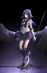 Rule 34 | 1girl, absurdres, artist name, bishoujo senshi sailor moon, black wings, boots, bow, brooch, choker, circlet, cross-laced footwear, elbow gloves, feathered wings, full body, gloves, gradient background, high heel boots, high heels, highres, holding, holding polearm, holding spear, holding weapon, jewelry, knee boots, lace-up boots, light particles, looking at viewer, low wings, magical girl, parted lips, pink lips, pleated skirt, polearm, purple background, purple bow, purple eyes, purple footwear, purple hair, purple skirt, sailor collar, sailor saturn, shadow, shirt, short hair, silence glaive, skirt, sleeveless, sleeveless shirt, solo, spear, standing, star brooch, steve zheng, tiara, tomoe hotaru, weapon, white gloves, white shirt, wings