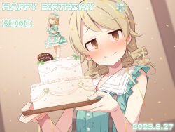 Rule 34 | 1girl, @ @, blue shirt, blush, brown eyes, brown hair, cake, character name, closed mouth, collarbone, collared shirt, commentary request, confetti, dated, dress shirt, flower, food, hair flower, hair ornament, hands up, happy birthday, highres, holding, idolmaster, idolmaster cinderella girls, long hair, looking at viewer, morikubo nono, nervous smile, ringlets, shirt, sleeveless, sleeveless shirt, smile, solo, star (symbol), streamers, suspenders, sweat, uccow, upper body, white flower