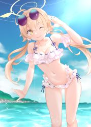 Rule 34 | absurdres, beach, bikini, blue archive, breasts, cleavage, closed mouth, collarbone, commentary request, eyewear on head, frilled bikini, frills, halo, hifumi (blue archive), hifumi (swimsuit) (blue archive), highres, light brown hair, looking at viewer, low twintails, miyami (sirukasiruka), navel, one eye closed, sky, small breasts, smile, solo, summer, sunglasses, swimsuit, twintails, white bikini, yellow eyes