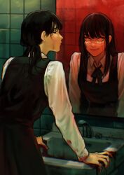 Rule 34 | 2girls, artist name, black dress, black eyes, black hair, black ribbon, blood, blood on clothes, blood on hands, chainsaw man, closed mouth, commentary, cross scar, different reflection, dress, english commentary, evil smile, fourth east high school uniform, highres, indoors, long hair, long sleeves, looking at another, looking at viewer, low twintails, mirror, mitaka asa, multiple girls, neck ribbon, pinafore dress, reflection, ribbon, ringed eyes, scar, scar on face, school uniform, sethkiel, shirt, sleeveless, sleeveless dress, smile, twintails, uniform, white shirt, yellow eyes, yoru (chainsaw man)