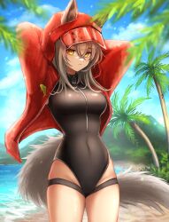 Rule 34 | 1girl, 3 (sanyako1), animal ears, arknights, arms behind head, black one-piece swimsuit, breasts, brown hair, closed mouth, competition swimsuit, cowboy shot, day, ears through headwear, highres, hood, hood up, hooded jacket, jacket, large breasts, long hair, long sleeves, looking at viewer, one-piece swimsuit, open clothes, open jacket, outdoors, palm tree, projekt red (arknights), projekt red (light breeze) (arknights), red jacket, solo, swimsuit, tail, tree, wolf ears, wolf girl, wolf tail, yellow eyes