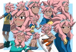Rule 34 | 1boy, ?, blush, collage, dark skin, dark-skinned male, closed eyes, from behind, goggles, goggles on head, grin, inazuma eleven, inazuma eleven (series), long hair, looking at viewer, looking back, male focus, multiple boys, multiple views, nanjou akimasa, official style, one eye closed, open mouth, pink hair, topless male, smile, soccer uniform, sportswear, surfboard, swimsuit, tan, tsunami jousuke