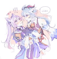 Rule 34 | 2girls, bare shoulders, bell, blue hair, blush, breasts, catching, embarrassed, english text, eyebrows, eyelashes, ganyu (genshin impact), genshin impact, gloves, hair between eyes, heart, highres, horns, keqing (genshin impact), light blue hair, light purple hair, long hair, looking at another, multiple girls, nose blush, oratoza, purple hair, speech bubble, sweatdrop, twintails, white background, yuri