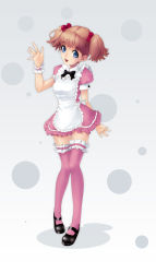 Rule 34 | 1girl, :d, apron, black footwear, blue eyes, bow, bowtie, brown hair, dress, frilled apron, frilled dress, frilled thighhighs, frills, full body, gradient background, hair bobbles, hair ornament, highres, kunishige keiichi, legs, looking at viewer, maid, maid apron, mary janes, open mouth, original, pigeon-toed, pink dress, pink thighhighs, puffy short sleeves, puffy sleeves, ribbon, shoes, short dress, short sleeves, short twintails, smile, solo, standing, thighhighs, twintails, waitress, waving, wrist cuffs, zettai ryouiki