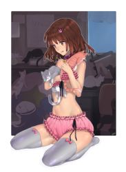 Rule 34 | 1girl, :p, animal, animal in clothes, bad deviantart id, bad id, bloomers, brown eyes, brown hair, calendar (object), cat, chair, collar, deathalice, frills, grey thighhighs, hair ornament, hairpin, highres, indoors, kneeling, office chair, original, outside border, panties, pink panties, pink thighhighs, sitting, skindentation, solo, swivel chair, thighhighs, tongue, tongue out, too many, too many cats, underwear, underwear only, white thighhighs