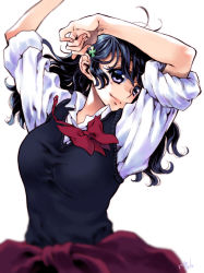 Rule 34 | 1girl, arms up, artist name, black hair, blush, bow, bowtie, breasts, clothes around waist, fingernails, flower, hair flower, hair ornament, hairclip, highres, large breasts, long hair, looking at viewer, mizu-iro idea, official art, original, purple eyes, school uniform, shirt, signature, simple background, sleeves rolled up, smile, solo, sweater vest, takanashi ringo, tied shirt, white background