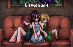 Rule 34 | 3girls, amputee, armless amputee, black hair, blind, blonde hair, blue eyes, brown hair, collar, comic, couch, double amputee, dress, english text, girl sandwich, green dress, green eyes, hair ornament, hairclip, locked arms, long hair, multiple girls, no arms, no legs, original, painting (object), ray-k, sandwiched, short hair, shorts, sleeveless, sleeveless dress