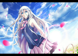 Rule 34 | 1girl, adapted costume, ahoge, asymmetrical legwear, bad id, bad pixiv id, bare shoulders, blue eyes, braid, cloud, day, dutch angle, highres, ia (vocaloid), letterboxed, long hair, looking at viewer, mismatched legwear, petals, puuzaki puuna, skirt, sky, smile, solo, twin braids, very long hair, vocaloid