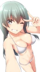 Rule 34 | 1girl, arm up, bare arms, bare shoulders, bikini, breasts, cleavage, collarbone, commentary, fingernails, green eyes, green hair, grin, hair between eyes, head tilt, kantai collection, large breasts, long hair, looking at viewer, nagami yuu, navel, outstretched arm, reaching, reaching towards viewer, selfie, simple background, smile, solo, standing, suzuya (kancolle), swimsuit, symbol-only commentary, v, very long hair, white background, white bikini
