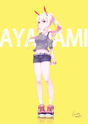 Rule 34 | 1girl, absurdres, alternate costume, arms behind back, ayanami (azur lane), azur lane, belt, black shorts, bracelet, casual, character name, collarbone, commentary request, contemporary, full body, groin, hair between eyes, hair ornament, hairclip, headgear, highres, huge filesize, jewelry, light brown hair, long hair, looking at viewer, midriff, navel, orange eyes, own hands together, parted lips, ponytail, retrofit (azur lane), shoes, shorts, sidelocks, simple background, sneakers, solo, standing, wei xin, yellow background