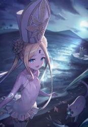 Rule 34 | 1girl, abigail williams (fate), abigail williams (swimsuit foreigner) (fate), abigail williams (swimsuit foreigner) (second ascension) (fate), absurdres, bare shoulders, beach, black bow, blonde hair, blue eyes, bow, braid, braided bun, breasts, cat, double bun, dress swimsuit, fate/grand order, fate (series), forehead, hair bun, hat, highres, keyhole, long hair, looking at viewer, mitre, multiple bows, night, night sky, ocean, one-piece swimsuit, open mouth, orange bow, parted bangs, sachi (160332), sidelocks, sky, small breasts, smile, swimsuit, twintails, very long hair, white headwear, white one-piece swimsuit