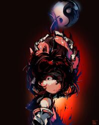 Rule 34 | 1girl, aura, black eyes, black hair, bow, commentary, dark aura, dated, detached sleeves, floating hair, frilled bow, frilled hair tubes, frills, hair bow, hair tubes, hakurei reimu, highres, kokechankokko, looking at viewer, looking to the side, open mouth, orb, red background, red bow, red hair, ribbon-trimmed sleeves, ribbon trim, shaded face, short hair, solo, symbol-only commentary, touhou, upper body, white sleeves, yin yang, yin yang orb