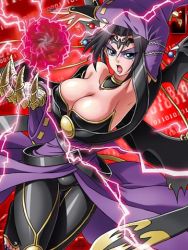 Rule 34 | 1girl, armpits, bat (symbol), bat wings, belt, black hair, blue eyes, breasts, choker, claws, cleavage, corset, demon, demon girl, digimon, digimon (creature), digimon collectors, energy, energy ball, eyeshadow, facial mark, fallen angel, female focus, gauntlets, huge breasts, leggings, lilithmon, lipstick, lowres, makeup, mark of evil, mole, nail polish, official art, open mouth, seven great demon lords, solo, wings