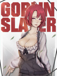 Rule 34 | 10s, 1girl, absurdres, ahoge, arm behind back, black ribbon, breasts, cleavage, collarbone, commentary request, cow girl (goblin slayer!), frills, goblin slayer!, highres, large breasts, liya nikorov, mole, mole on breast, overalls, purple eyes, red hair, ribbon, shirt, short hair, solo, v, white shirt