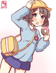 Rule 34 | 1girl, alternate costume, artist logo, bag, blue shirt, blue skirt, commentary request, cowboy shot, dated, double bun, doughnut, eating, food, gradient background, grey eyes, grey hair, hair bun, hat, holding, holding clothes, holding hat, kaiboukan no. 30 (kancolle), kanon (kurogane knights), kantai collection, kindergarten bag, kindergarten uniform, long sleeves, name tag, one-hour drawing challenge, pleated skirt, school hat, school uniform, shirt, short hair, simple background, skirt, solo, standing, white background, yellow hat