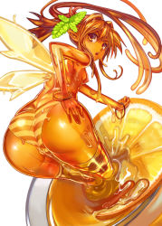 Rule 34 | 1girl, arm support, arthropod girl, ass, ass focus, back, bad id, bad pixiv id, bangle, bee girl, bent over, bracelet, breasts, brown eyes, brown hair, cameltoe, chestnut mouth, chikokuma, colored skin, dimples of venus, dripping, fairy, food, from behind, fruit, hair intakes, hair ornament, hand on own hip, honey, in container, in food, insect girl, insect wings, jewelry, lemon, lemon slice, long hair, looking at viewer, looking back, matching hair/eyes, mini person, minigirl, mint, monster girl, nipples, open mouth, orange (fruit), orange eyes, orange hair, orange skin, orange theme, original, panties, pointy ears, ponytail, see-through, simple background, skindentation, slime girl, small breasts, solo, striped clothes, striped panties, striped thighhighs, thighhighs, thighs, topless, transparent, underwear, underwear only, v-shaped eyebrows, wet, wet clothes, wet panties, white background, wide hips, wings