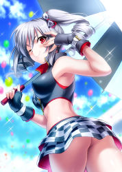 Rule 34 | 10s, 1girl, ;), ass, balloon, breasts, checkered clothes, checkered skirt, cloud, cloudy sky, day, drill hair, fingerless gloves, gloves, highres, idolmaster, idolmaster cinderella girls, kanzaki ranko, long hair, midriff, one eye closed, race queen, red eyes, silver hair, skirt, sky, smile, solo, sparkle, twin drills, twintails, umbrella, upskirt, zen