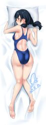 Rule 34 | 1girl, absurdres, amano hina (tenki no ko), ass, barefoot, black hair, blue eyes, blue one-piece swimsuit, commission, competition swimsuit, dakimakura (medium), dated, from above, from behind, full body, highleg, highleg swimsuit, highres, kneepits, long hair, looking at viewer, looking back, low twintails, lying, on stomach, one-piece swimsuit, pillow, pixiv commission, signature, soles, solo, swimsuit, tenki no ko, twintails, yoo tenchi