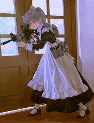 Rule 34 | 1girl, aiming, ammunition pouch, animal ears, apron, artist name, assault rifle, backpack, bag, black dress, black footwear, cat ears, closed mouth, collared dress, commentary, door, dress, extra ears, feiqizi (fkey), finger on trigger, fkey, frilled apron, frills, full body, grey hair, gun, heel up, high heels, highres, holding, holding gun, holding weapon, indoors, juliet sleeves, leaning forward, legs apart, light blush, load bearing equipment, long hair, long sleeves, magazine (weapon), maid, maid apron, mary janes, original, pantyhose, ponytail, pouch, puffy sleeves, red eyes, rifle, scope, shoes, solo, standing, symbol-only commentary, vertical foregrip, weapon, weapon request, white apron, white pantyhose, wooden floor