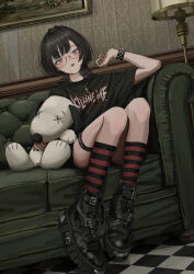 Rule 34 | 1girl, absurdres, ankle boots, black footwear, black hair, black nails, black shirt, boots, bracelet, couch, fingernails, gishiki (gshk), glasses, goth fashion, hand up, highres, jewelry, lamp, legs together, looking at viewer, nail polish, on couch, original, parted lips, peanuts (comic), red socks, revision, semi-rimless eyewear, shirt, short hair, short sleeves, sitting, snoopy, socks, solo, spiked bracelet, spikes, stuffed animal, stuffed dog, stuffed toy, thigh strap, under-rim eyewear, wide sleeves, yellow eyes