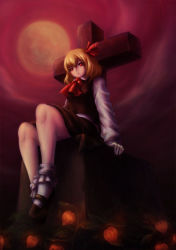 Rule 34 | 1girl, blonde hair, blouse, cross, full moon, grave, hair ribbon, highres, kannazuki (devilcode666), moon, red eyes, red sky, ribbon, rumia, shirt, short hair, sitting, skirt, sky, touhou, vest