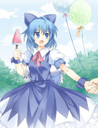 Rule 34 | 1girl, adapted costume, ahoge, bad id, bad pixiv id, balloon, blue eyes, blue hair, bow, cirno, collared shirt, embodiment of scarlet devil, food, hair bow, holding hands, matching hair/eyes, pico (picollector79), popsicle, shirt, short hair, solo, solo focus, touhou, watermelon bar