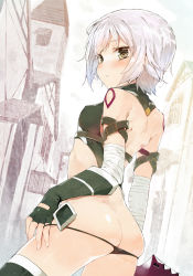 Rule 34 | 1girl, :&lt;, ass, bandaged arm, bandages, bare shoulders, black gloves, black panties, black thighhighs, blush, breasts, butt crack, covered erect nipples, fate/apocrypha, fate (series), fingerless gloves, gloves, heart, heart-shaped pupils, jack the ripper (fate/apocrypha), koba, looking back, lowleg, lowleg panties, outdoors, panties, short hair, silver hair, small breasts, solo, symbol-shaped pupils, tattoo, thighhighs, underwear, yellow eyes