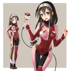 Rule 34 | 1girl, 7-eleven, adapted costume, barcode scanner, black hair, bodysuit, bridal gauntlets, cowboy shot, employee uniform, full body, gluteal fold, hairband, impossible clothes, katahira masashi, logo, long hair, looking at viewer, low-tied long hair, multicolored bodysuit, multicolored clothes, multiple views, original, smile, standing, uniform, white hairband