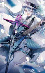 Rule 34 | 1girl, absurdres, alternate costume, bad id, bad pixiv id, blue hair, electric guitar, falling petals, gibson flying v, guitar, hat, hatsune miku, highres, instrument, leg up, long hair, necktie, open mouth, petals, solo, twintails, v-shaped eyebrows, vocaloid, yuruya (emomomomo)