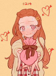Rule 34 | 1girl, arrow through heart, blush, braid, brown hair, cardigan, commentary, french braid, fukujumaru, gift, half updo, highres, holding, holding gift, incoming gift, long hair, long sleeves, looking at viewer, nail polish, nervous, original, outstretched arms, own hands together, red eyes, red nails, simple background, solo, sweat, tearing up, upper body, valentine, yellow background