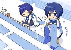 Rule 34 | 2boys, blue eyes, blue hair, blue pants, blue scarf, brown pants, chibi, closed eyes, coat, commentary, cutting, fabric, holding, holding clothes, holding scarf, holding scissors, ice cream cup, kaito (vocaloid), kaito (vocaloid3), kneeling, male focus, multiple boys, nokuhashi, pants, scarf, scissors, smile, standing, tape measure, tongue, tongue out, translated, vocaloid, white coat