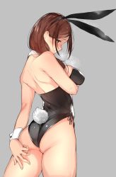 Rule 34 | 1girl, animal ears, ass, back, bare shoulders, black eyes, blush, breast hold, breasts, brown hair, rabbit ears, rabbit tail, fake animal ears, fake tail, grey background, highres, large breasts, long hair, looking at viewer, looking back, original, parted lips, playboy bunny, profile, sideboob, sitting, solo, tail, tsukino wagamo