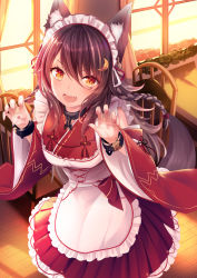 Rule 34 | 1girl, :d, animal ears, apron, black hair, braid, breasts, chair, choker, claw pose, commentary request, cuffs, detached sleeves, dress, fang, fox ears, fox girl, fox tail, frilled apron, frills, hair ornament, handcuffs, haruka natsuki, highres, indoors, long hair, long sleeves, looking at viewer, maid, maid apron, maid headdress, open mouth, orange eyes, original, pleated dress, red dress, small breasts, smile, solo, tail, v-shaped eyebrows, wa maid, wide sleeves, window
