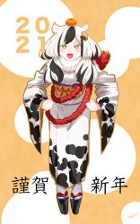 Rule 34 | 1girl, 2021, :d, akeome, animal print, bell, black hair, blush, chinese zodiac, clog sandals, cow girl, cow print, cowbell, food, fruit, full body, fur collar, hair bell, hair horns, hair ornament, happy new year, highres, horns, japanese clothes, kimono, long sleeves, looking at viewer, low twintails, mandarin orange, multicolored hair, new year, obi, okobo, open mouth, original, print kimono, ryusei hashida, sandals, sash, signature, smile, solo, streaked hair, tabi, twintails, two-tone hair, white hair, white kimono, white legwear, wide sleeves, year of the ox, yellow background, yellow eyes