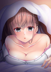 Rule 34 | 1girl, absurdres, atlanta (kancolle), blanket, breasts, brown hair, collarbone, dress shirt, grey eyes, highres, kantai collection, large breasts, long hair, long sleeves, off shoulder, ruin re birth, shirt, solo, two side up, under covers, white shirt