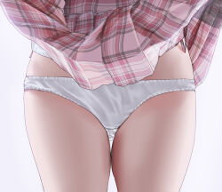 Rule 34 | 1girl, close-up, clothes lift, commentary request, gluteal fold, groin, hami dmg, lifted by self, lowleg, lowleg panties, original, panties, pantyshot, pink skirt, plaid, plaid skirt, pleated skirt, red skirt, simple background, skirt, skirt lift, solo, standing, thigh gap, thighs, underwear, white background, white panties