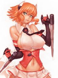 Rule 34 | 1girl, arc system works, bare shoulders, breasts, chaos code, covered erect nipples, dual wielding, elbow gloves, fang, fk digital, fumio (rsqkr), gloves, green eyes, groin, holding, impossible clothes, impossible shirt, large breasts, lips, midriff, miniskirt, mishima rui, navel, necktie, orange hair, parted lips, shiny skin, shirt, short hair, sideboob, skirt, solo, tonfa, weapon